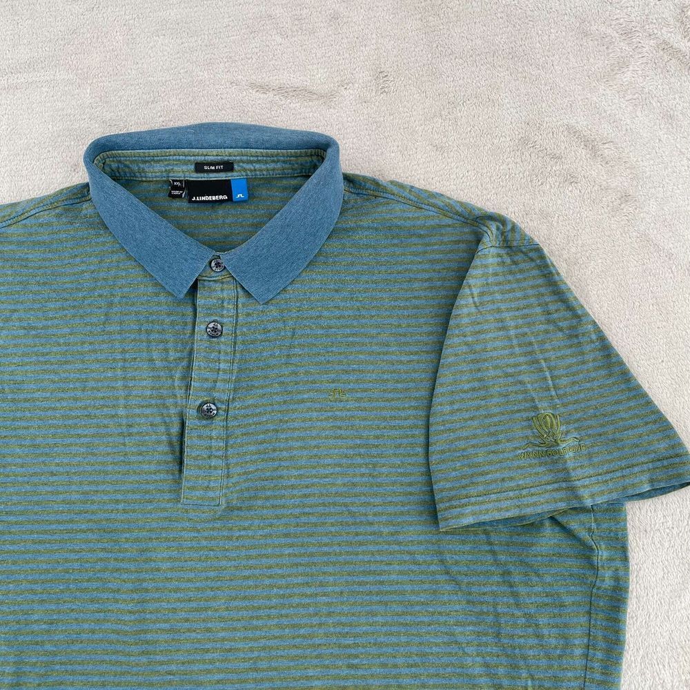 J Lindeberg x Wynn Golf Resort Polo Shirt Men 2XL Green Blue Striped Slim Fit